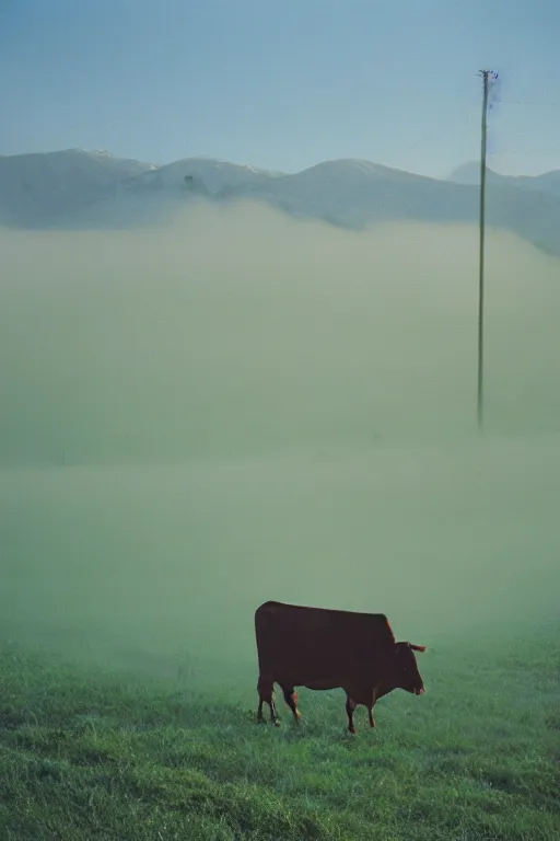 Image similar to film color photography, cow in the blue fog at the lawn, mountains in distance, 35mm