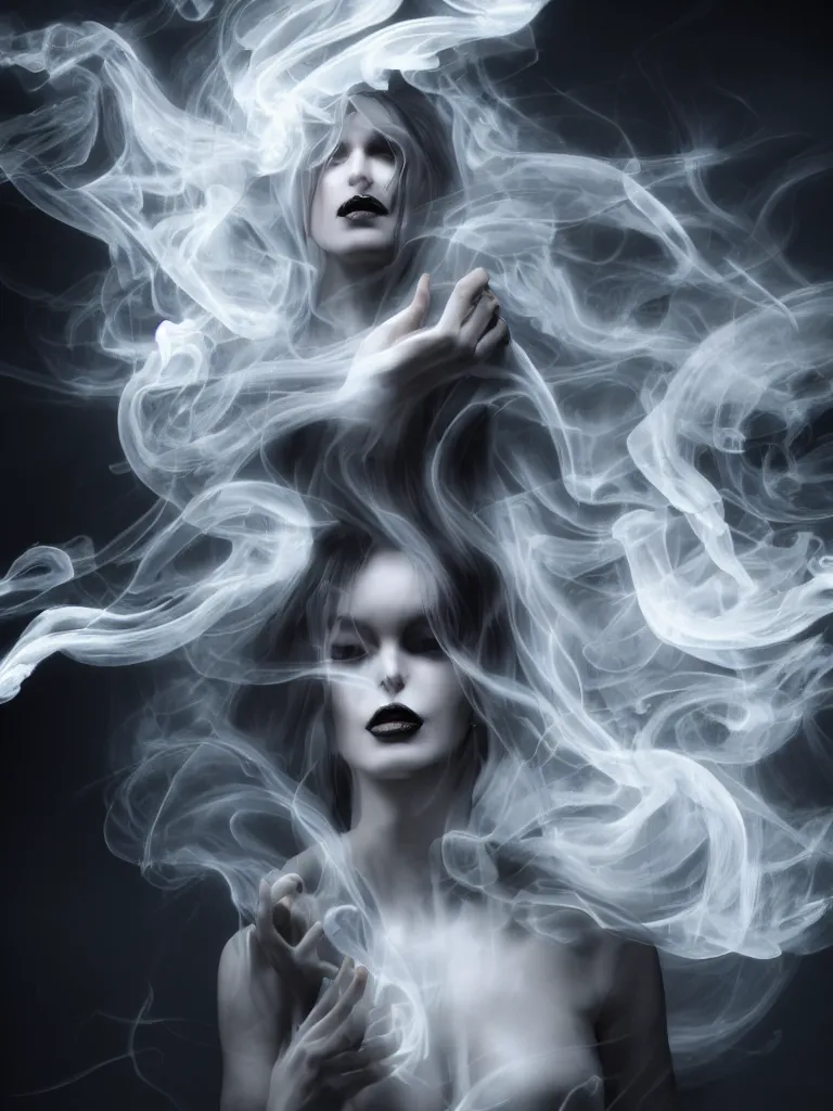 Image similar to white noir priestess, flowing swirls of smoke, hyperreal octane render volumtric cinematic