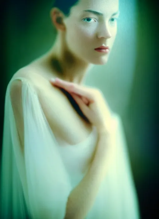 Prompt: kodak portra 4 0 0 double exposure slow motion photo portrait of a beautiful woman in style of antoine d'agata, dressed a long white, elegant, highly detailed, sharp focus,, octane render, ethereal, out worldly colours, emotionally evoking, head in focus, soft blur light dreamy, volumetric lighting unreal engine, epic fantasy