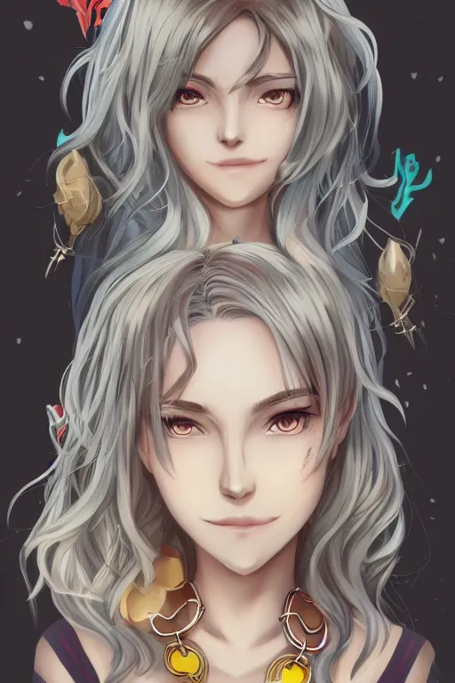 Prompt: headshot art of a young vibrant anime girl with silver hair and golden hair highlights, wearing a bright necklace and with face tattoos, drawn by WLOP, by Avetetsuya Studios, anime drawing, trending on artstation