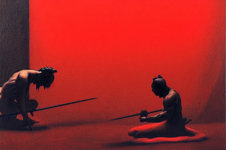 Image similar to only with red, a red samurai do seppuku, tokio, a lot of frogs watch, in the style of beksinski, parts by edward hopper, parts by rodcenko, parts by yue minjun, intricate and epic composition, red by caravaggio, insanely quality, highly detailed, masterpiece, red light, artstation, 4 k