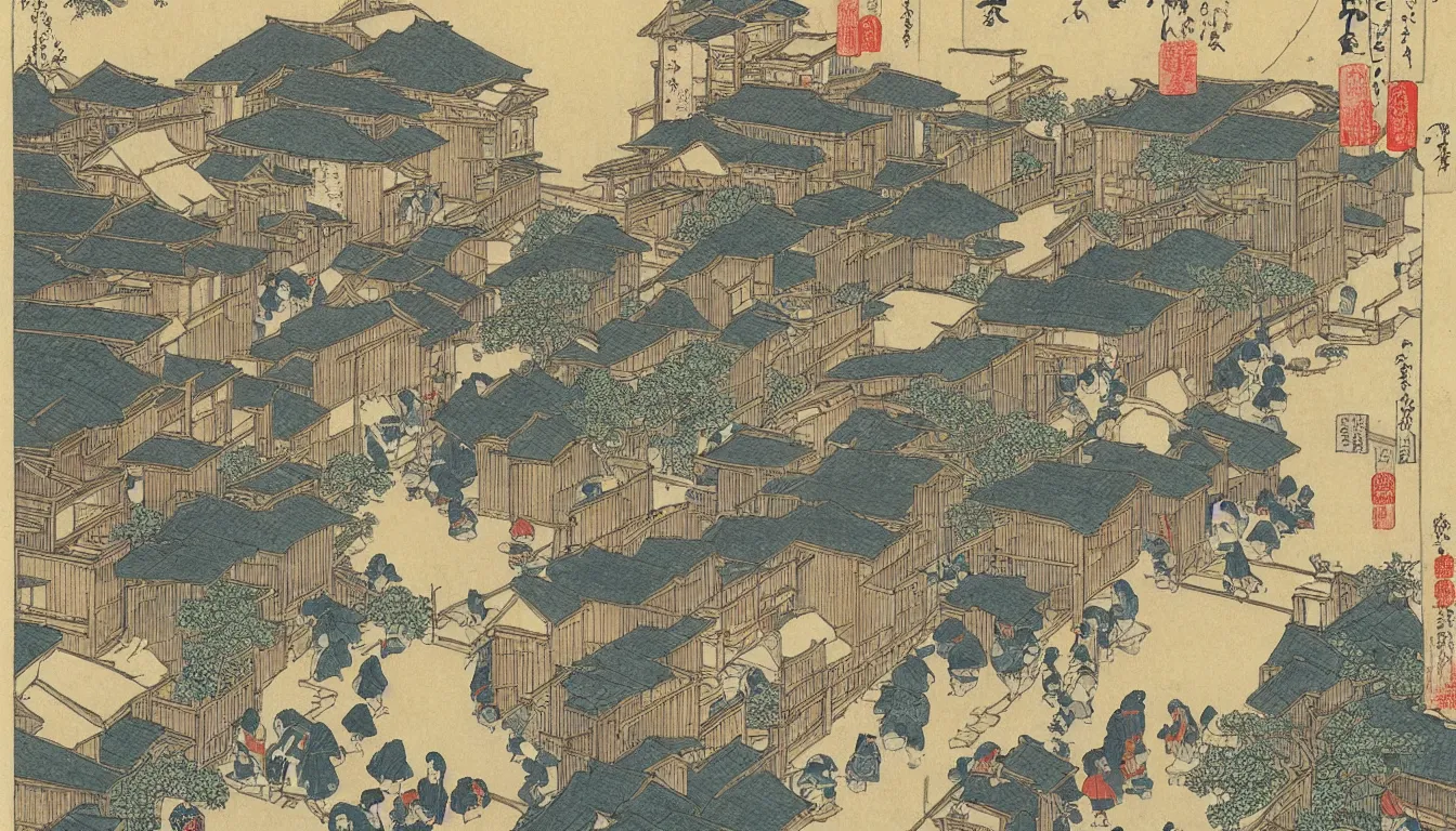 Image similar to old street scene in japan hokusai