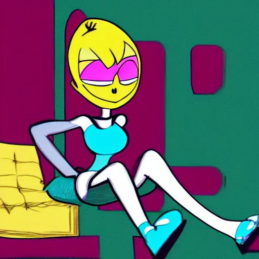 Image similar to low angle photo of jenny wakeman sitting down in a relaxed pose with her legs crossed, from my life as a teenage robot, nickelodeon, xj 9, disney, 4 k, highly detailed