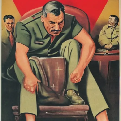 Prompt: hungarian prime minister viktor orban sitting in the lap of joseph stalin, soviet propaganda poster art from 1 9 5 0