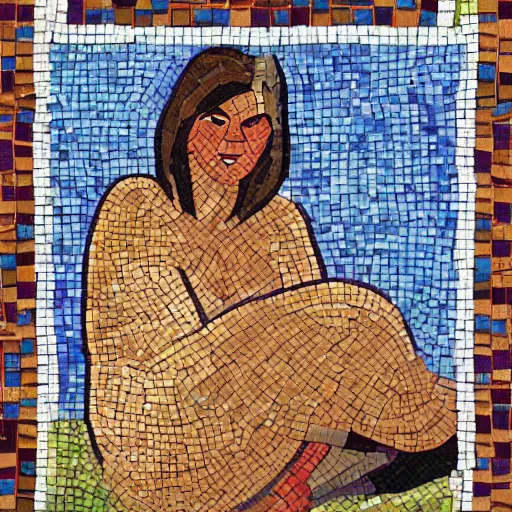 Prompt: A beautiful land art. Her cell is as bare as mine. She is sitting in the middle, hugging her knees, wrapped in a toga-like garment. mosaic, orpist by Stuart Davis, by Ed Mell lavish