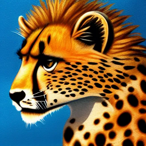 Image similar to profile view of cute fluffy cheetah cub with long colorful flowing lion mane blowing in the wind with mohawk top hairstyle hybrid animal detailed painting 4 k