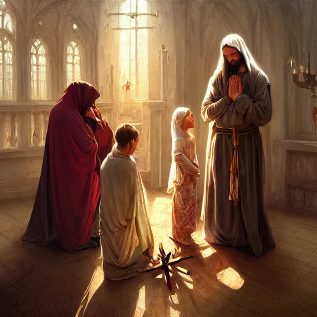 Image similar to poor hungry family praying to a cross, emotional sad painting, very poor, cross, christianity, medieval peasants, fantasy, cruel, dramatic lighting, intricate, wild, highly detailed, digital painting, artstation, concept art, smooth, sharp focus, illustration, art by artgerm and greg rutkowski and alphonse mucha