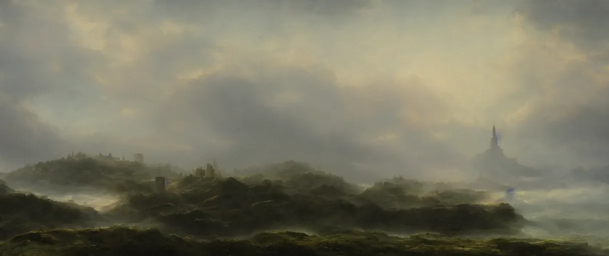 Image similar to an impossibly large tower rising from a sea of mist,evocative,romanticism landscape painting