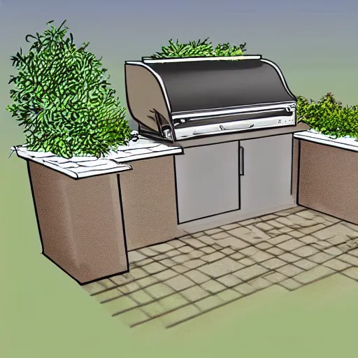 Prompt: new ideas for outdoor kitchen design with grill and pizza oven, designer pencil sketch, HD resolution