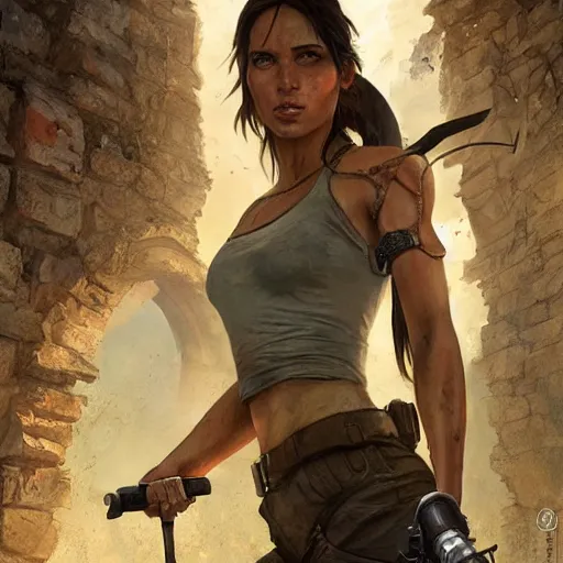 Prompt: lara croft stealing a catalytic convertor, that is on a trapped pedastal, from inside a temple, temple run, painted by greg rutkowski