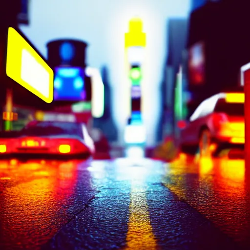 Prompt: sunny side up egg sits in the road, times square, night time, raining, neon light, romantic, ultra realistic, unreal engine, 4k, artstation