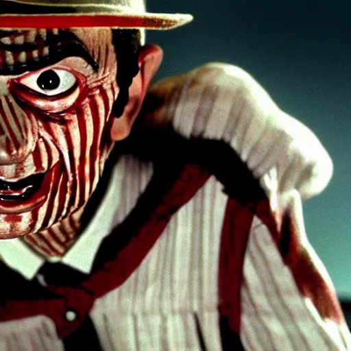 Image similar to mr. bean as freddie krueger. movie still. cinematic lighting.