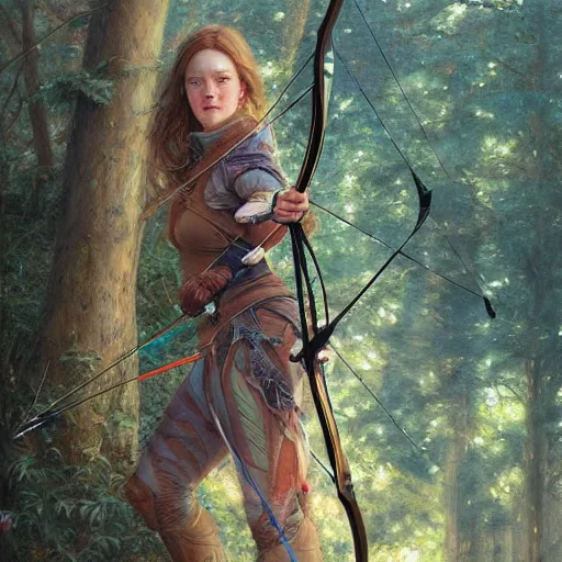 Prompt: beautiful archery girl, bow hunting women, archerty with bow and arrows, uart by donato giancola and greg rutkowski, realistic face, digital art, trending on artstation