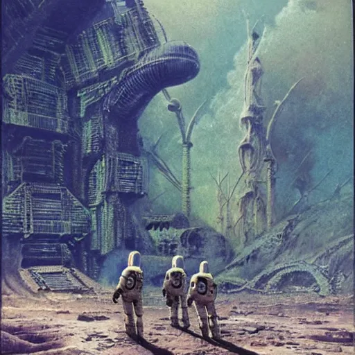 Image similar to astronauts exploring alien ruins, green mist atmosphere, art by bruce pennington