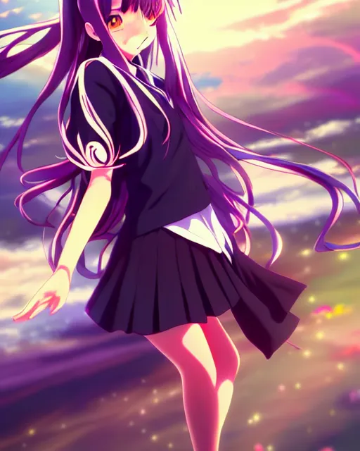Image similar to anime style, vivid, expressive, full body, 4 k, painting, a cute magical girl with a long wavy black hair wearing a school uniform, stunning, realistic light and shadow effects, centered, simple background, studio ghibly makoto shinkai yuji yamaguchi