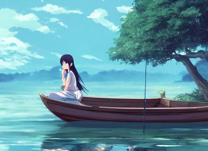 Prompt: a girl fishing on a wooden boat in a river, peaceful and serene, incredible perspective, anime scenery by Makoto Shinkai