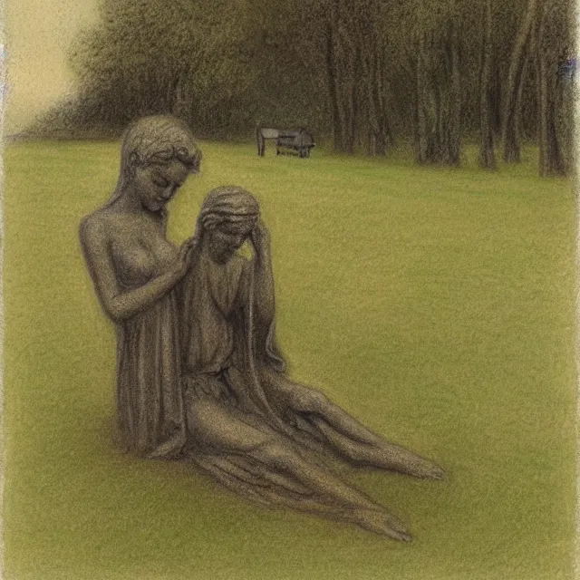 Prompt: statue of a crying angel sitting by a grave, graveyard with a church in a forest meadow landscape, pastel drawing