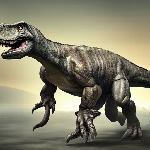 Prompt: a photograph of a dinosaur with muscular arms, digital art, hyper detailed, photorealistic, 4 k,