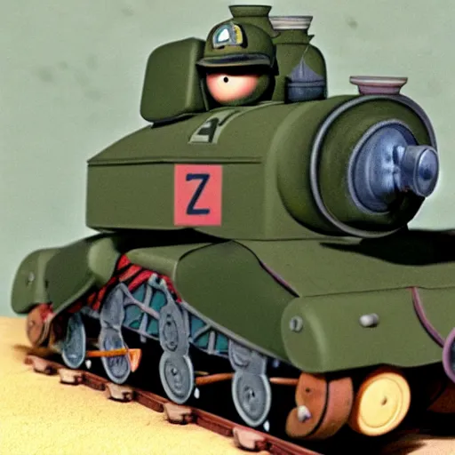 Image similar to an anthropomorphised panzer world war two tank with a face, by wilbert awdry in the art style of thomas the tank engine