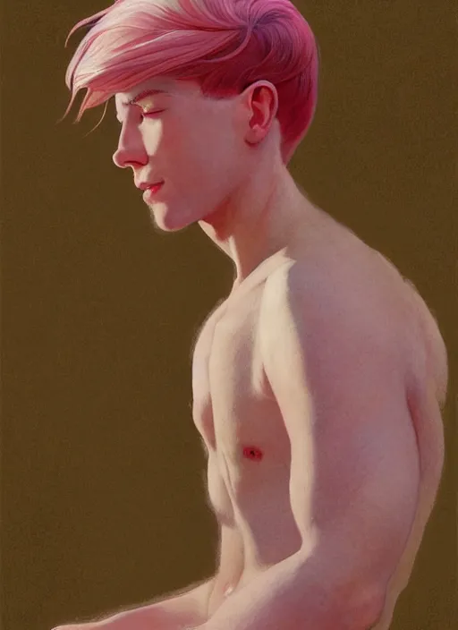 Image similar to androgynous cute pink haired male, muted colors, colorful flowers, sunlight filtering through skin, j. c leyendecker, by alan lee, wlop! illustrated by starember, fantasy art by craig mullins cfg _ scale 9