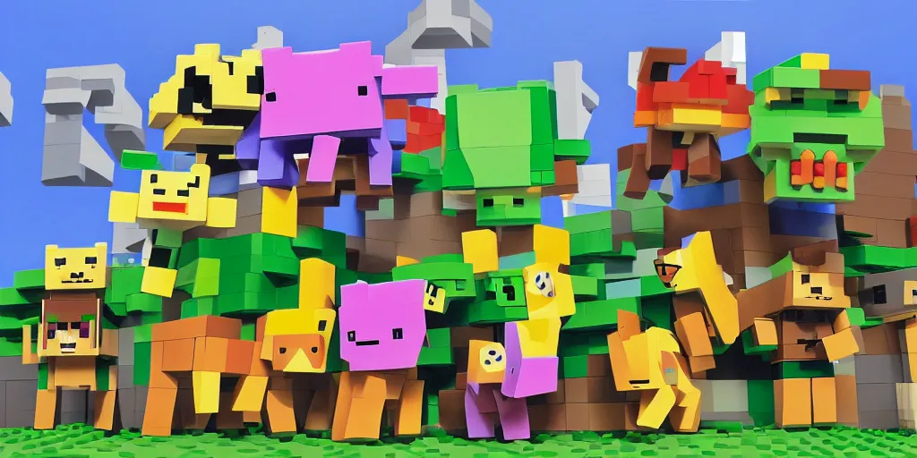 Image similar to small creatures made of a single brick, four legged, quadrupedal, cute looking, kawaii, sharp focus, character sheet, game concept art, blocky, lego mixels, japanese, flat toon style like katamari damacy inspired, pokemon inspired, blocky like minecraft, 8 k, highly detailed