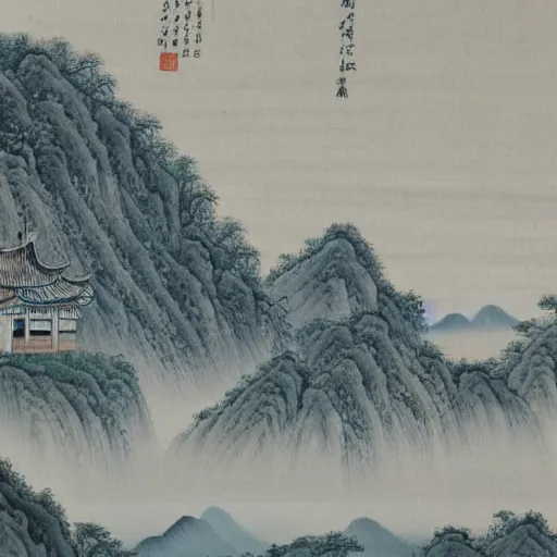 Image similar to a chinese landscape painting of a building in a serene landscape