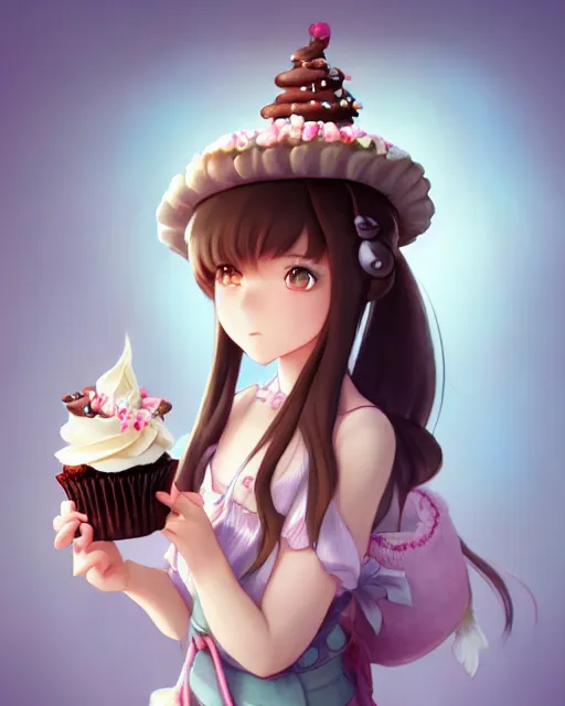 Image similar to a girl as personification of chocolate cupcake, character design, cute hats, unreal engine, highly detailed, digital illustration by artgerm, tooth wu, studio ghibli, sharp focus, artstation. ribbons, dog ears, fractal swirls. a fantasy bakery by studio ghibli, makoto shinkai, global illumination, sweets,