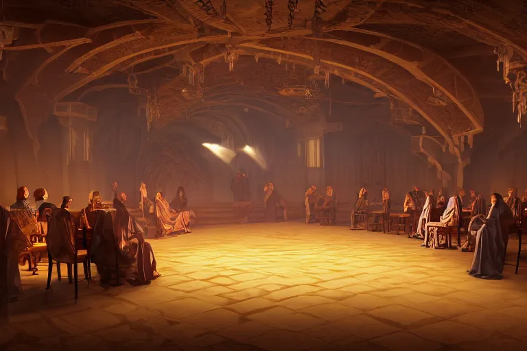 Image similar to cultist secret meeting taking place in an art deco townhall in a oriental medieval fantasy village. incredible voluminous indirect soft glow cinematic lighting, hyperdetailed features, movie still, intricate, octane render, unreal engine, crepuscular rays, god rays, by beeple and rhads and donato giancola