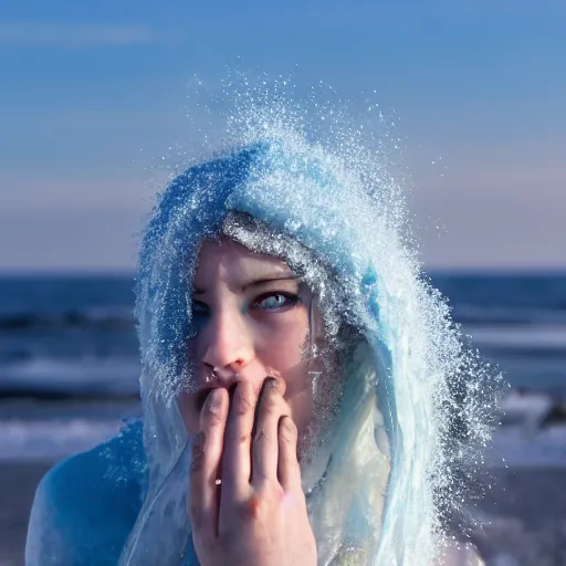 Image similar to ice dust around a frozen girl with white hair and blue eyes on the seashore