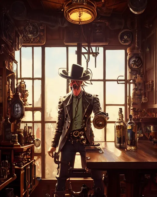 Image similar to highly detailed surreal vfx portrait of a steampunk cowboy in a steampunk saloon, stephen bliss, unreal engine, greg rutkowski, loish, rhads, beeple, makoto shinkai and lois van baarle, ilya kuvshinov, rossdraws, tom bagshaw, alphonse mucha, global illumination, detailed and intricate environment