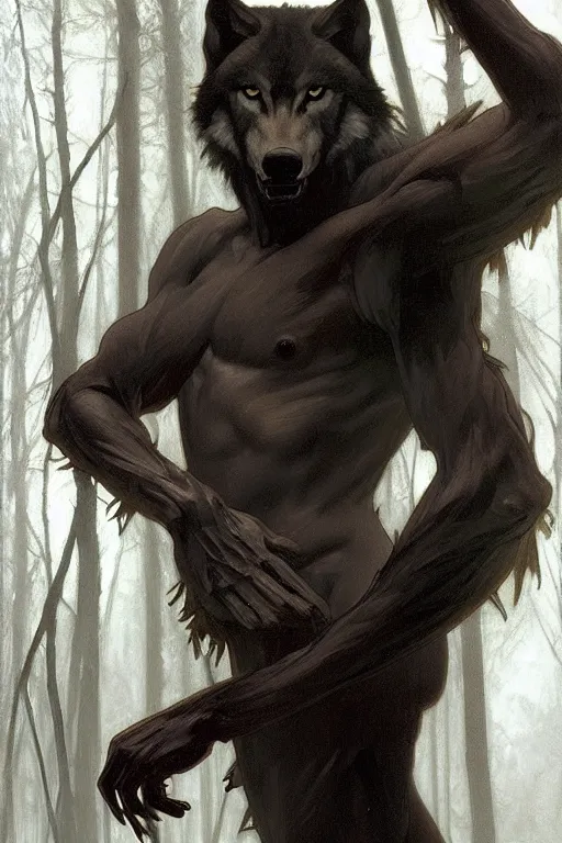 Image similar to full figure beautiful young fit antrophomorphic male wolf, bared teeth and long claws, dark scene, by greg rutkowski and alphonse mucha, d & d character, gradient black to silver, in a forest at night, highly detailed portrait, digital painting, artstation, concept art, smooth, sharp focus illustration, artstation hq