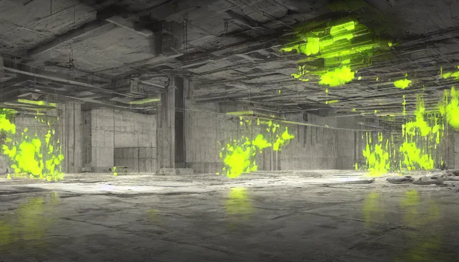 Prompt: Glowing Nuclear Waste Fluids Gush out of a Nuclear Facility, Dystopian, Hyperrealistic Rendering, Cinematic Lighting, High Contrast