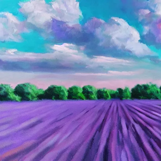 Image similar to realistic panting of a desk on a purple field blue clouds