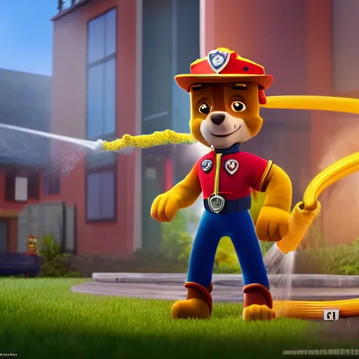 Prompt: marshall from paw patrol using a water hose to extinguish the burning paw patrol base, movie poster, intricate detail, 8 k, trending on artstation, octane render