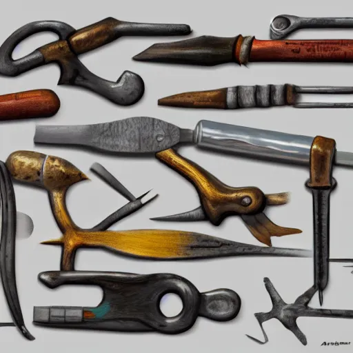 Image similar to painting of some tools by peter klasen, artstation, hd, ultra detailed