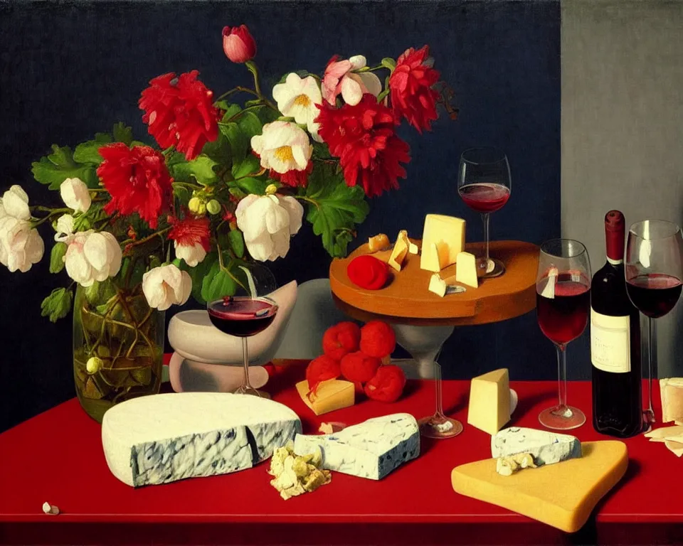 Image similar to an achingly beautiful still life featuring blooming flowers, cheeses, and flowing red wine by Raphael, Hopper, and Rene Magritte. detailed, romantic, studio lighting, enchanting, trending on artstation.