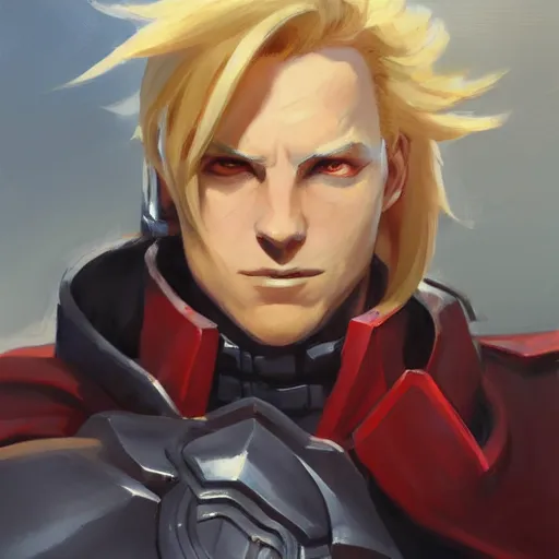 Image similar to greg manchess portrait painting of edward elric as overwatch character, medium shot, asymmetrical, profile picture, organic painting, sunny day, matte painting, bold shapes, hard edges, street art, trending on artstation, by huang guangjian and gil elvgren and sachin teng