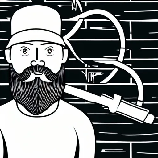 Image similar to bearded man using woodlathe, machinery, sawblade border, vector art, simple, clean, monochromatic, woodturning