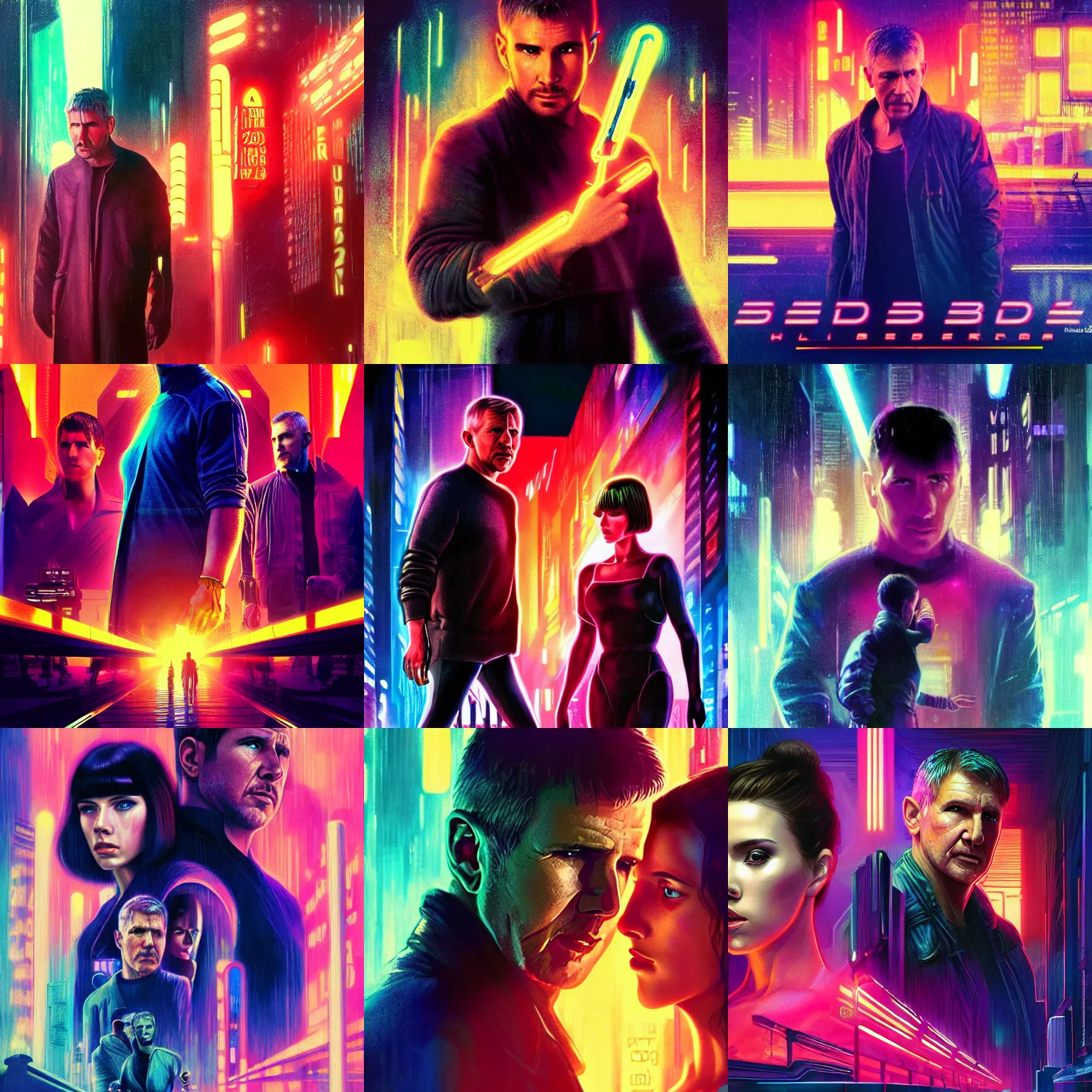 Prompt: bladerunner2049, scene with advertising on the bridge, young harrison ford talking with scarlett johansson as neon girl, full length shot, shining, 8k highly detailed, sharp focus, illustration, art by artgerm, mucha, bouguereau