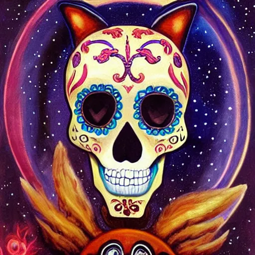 Image similar to a character portrait of a being with a fox sugar skull face, themed on the stars and moon, painting by jeff easley