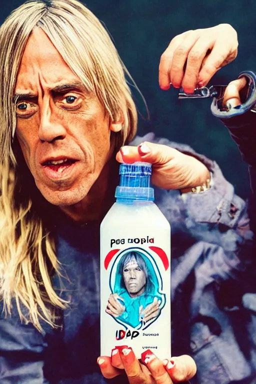 Prompt: a plastic bottle of sodapop with iggy pop's face on the label