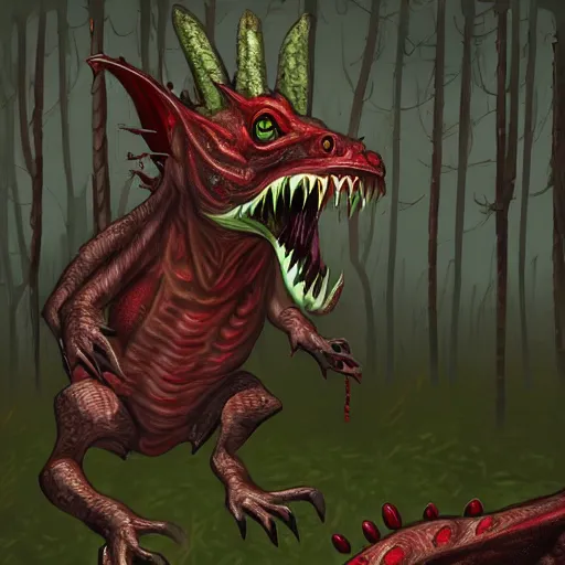 Image similar to big butcher anthropomorphic male lizardfolk posing scarily, scary angry pose, covered in blood, fresh kill, cleaver, in a forest, earie setting, lovecraft, eldritch, horror, hyperdetailed, furaffinity, furry art