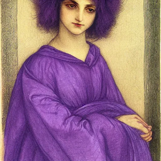 Prompt: bald young female with purple skin by Rossetti