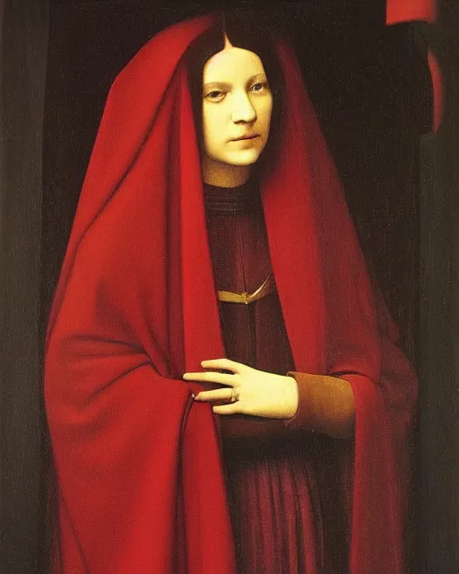 Prompt: a painting of a woman wearing a red cloak by antonello da messina, behance, pre - raphaelitism, pre - raphaelite, calotype, da vinci