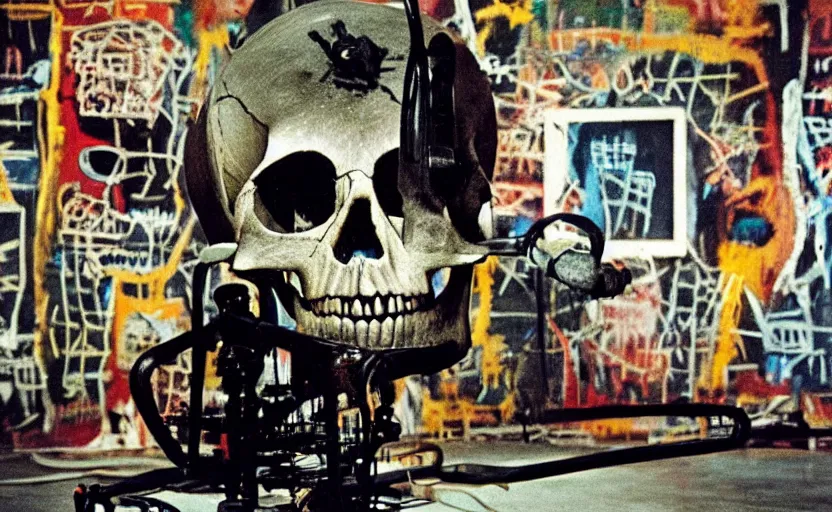 Image similar to photograph of a skull machine built by basquiat perfect composition masterpiece dramatic lighting