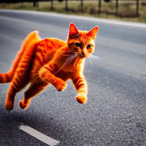 Image similar to a very fast orange cat flying through the road, high definition, beautiful award winning photography, 8 k.