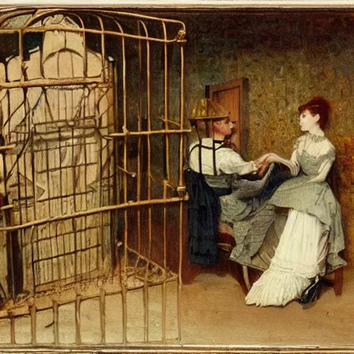 Image similar to young victorian woman solving an escape room riddle, while young victorian man is trapped in a cage, painted by alfred stevens