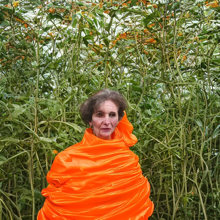 Image similar to closeup portrait of a woman wrapped in orange cellophane, standing in an overgrown greenhouse, color photograph, by paula rego, canon eos c 3 0 0, ƒ 1. 8, 3 5 mm, 8 k, medium - format print