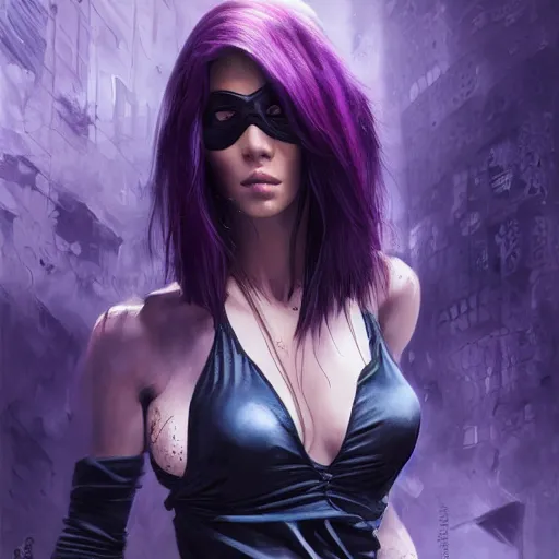 Image similar to photo of a gorgeous caucasian female with long dark purple hair in the style of stefan kostic, tank top, mask, realistic, cyberpunk, body shot, sharp focus, 8 k high definition, insanely detailed, intricate, elegant, art by stanley lau and artgerm, floating embers