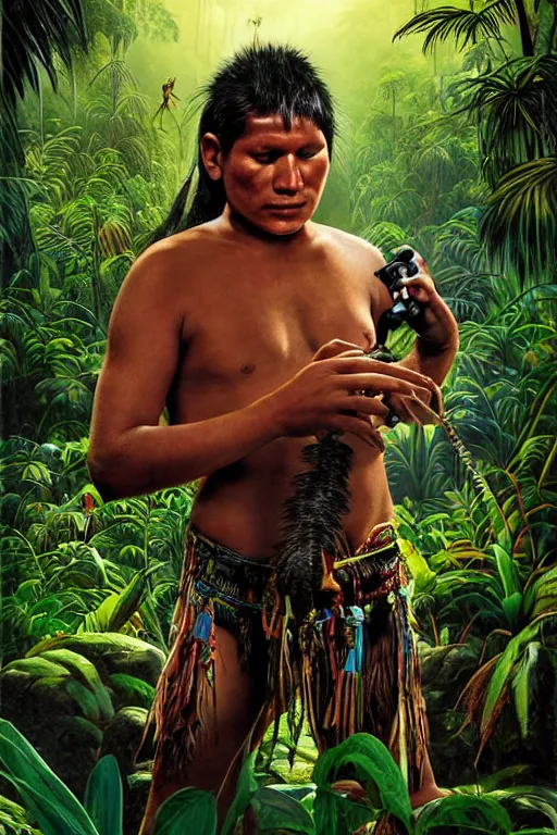 Prompt: an indigenous ecuadorian huaorani young man with headphones playing with korg mini in the jungle, poster art by daniele caruso, benediktus budi, jason edmiston, vc johnson, powell peralta, volumetric light, foggy ambience